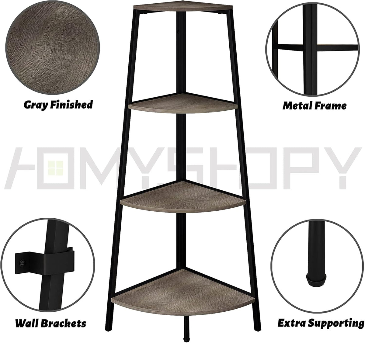 Grey 4 Shelves Corner Bookcase K646724