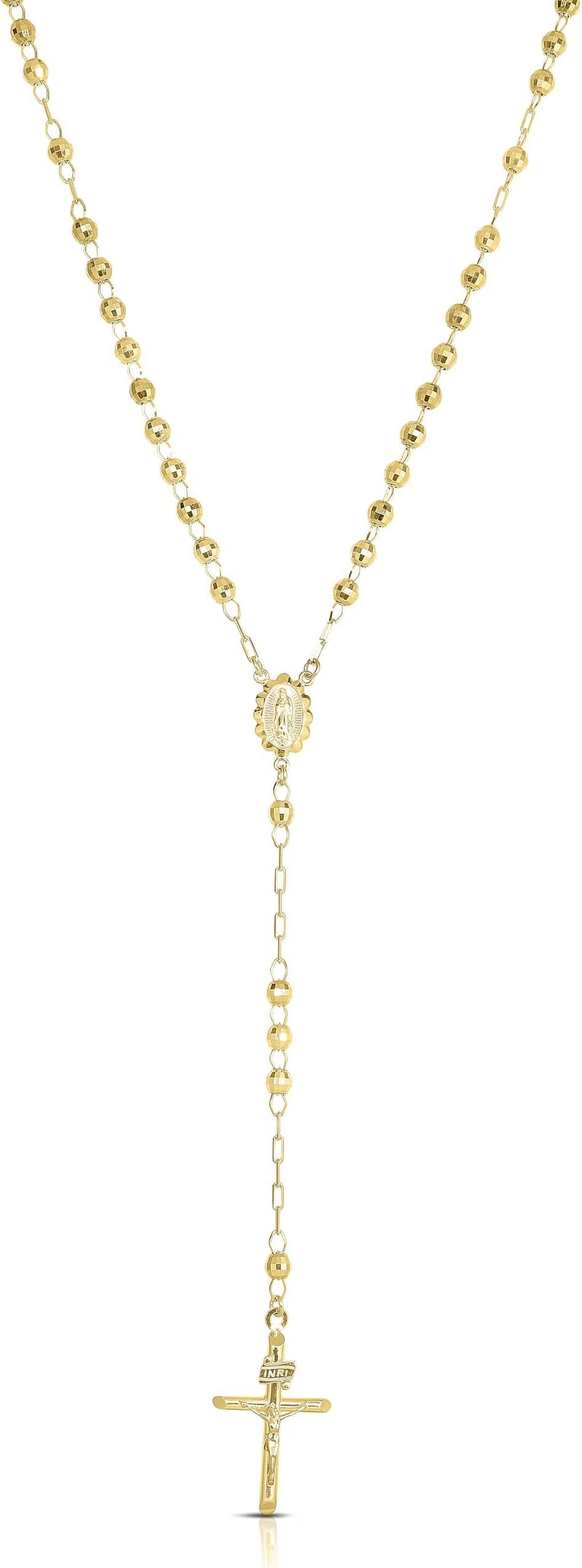 10k Yellow Gold Rosary Necklace with Virgin Mary Medal and Crucifix Pendant W26386