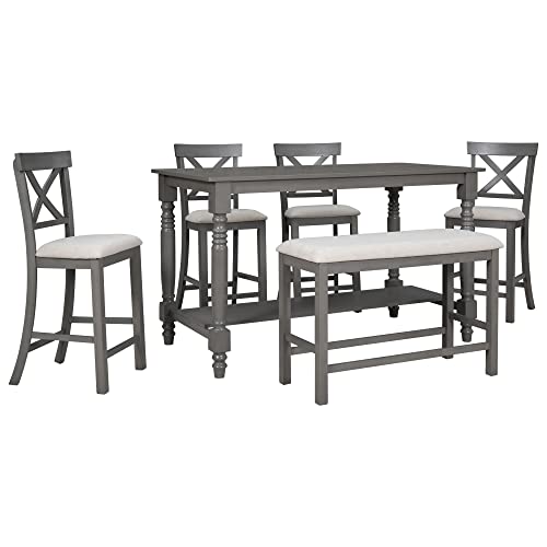 6-Piece Counter Height Table with Shelf 4 Chairs and Bench Gray L4024