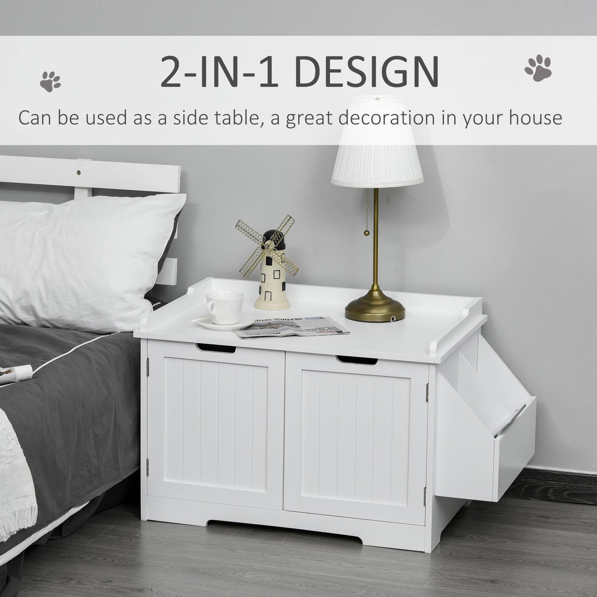 White Wooden Cat Litter Box Enclosure with Storage Rack R3612