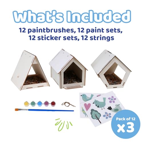 12 Wooden Bird House Kits with Paint Strips, Brushes, Stickers and Strings S57872