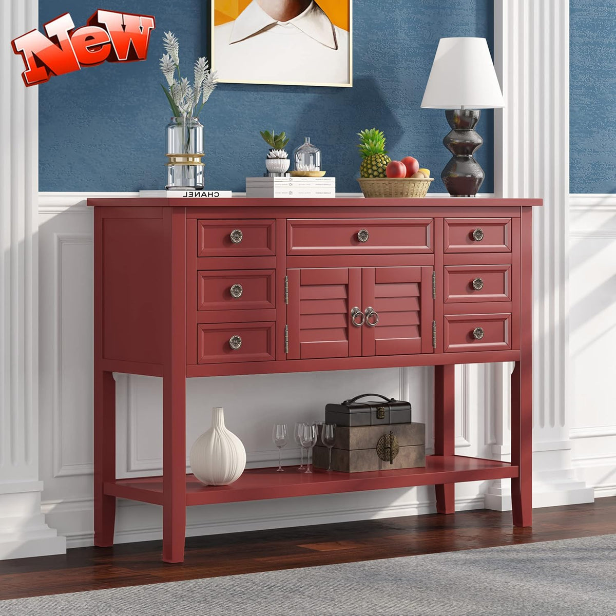 Solid Wood Buffet Sideboard with Door Cabinet, 7 Storage Drawers, Bottom Shelf, 45'' Red X63295
