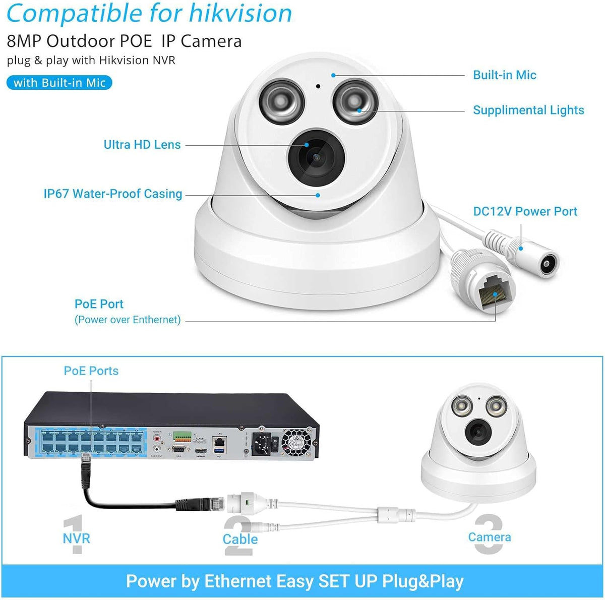 4K 8MP Outdoor PoE IP Turret Camera with Mic, 2.8mm Lens, IP67 N1976