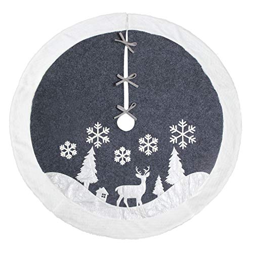 White Fur Christmas Tree Skirt with Deer and Snowflake Pattern 36 inches T798