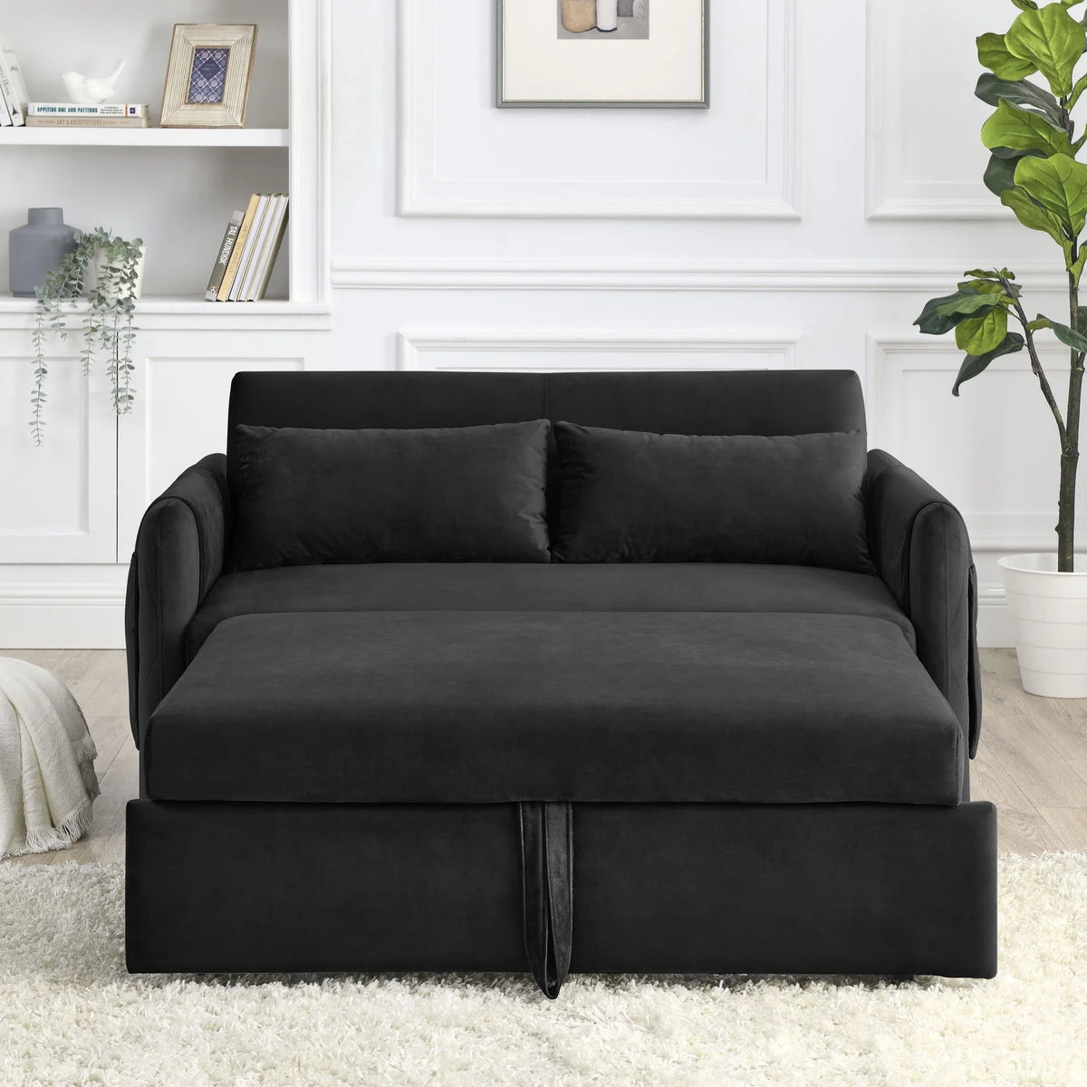 55" Convertible Velvet Sofa Bed with 2 Detachable Arm Pockets, 2 Pillows Z93721