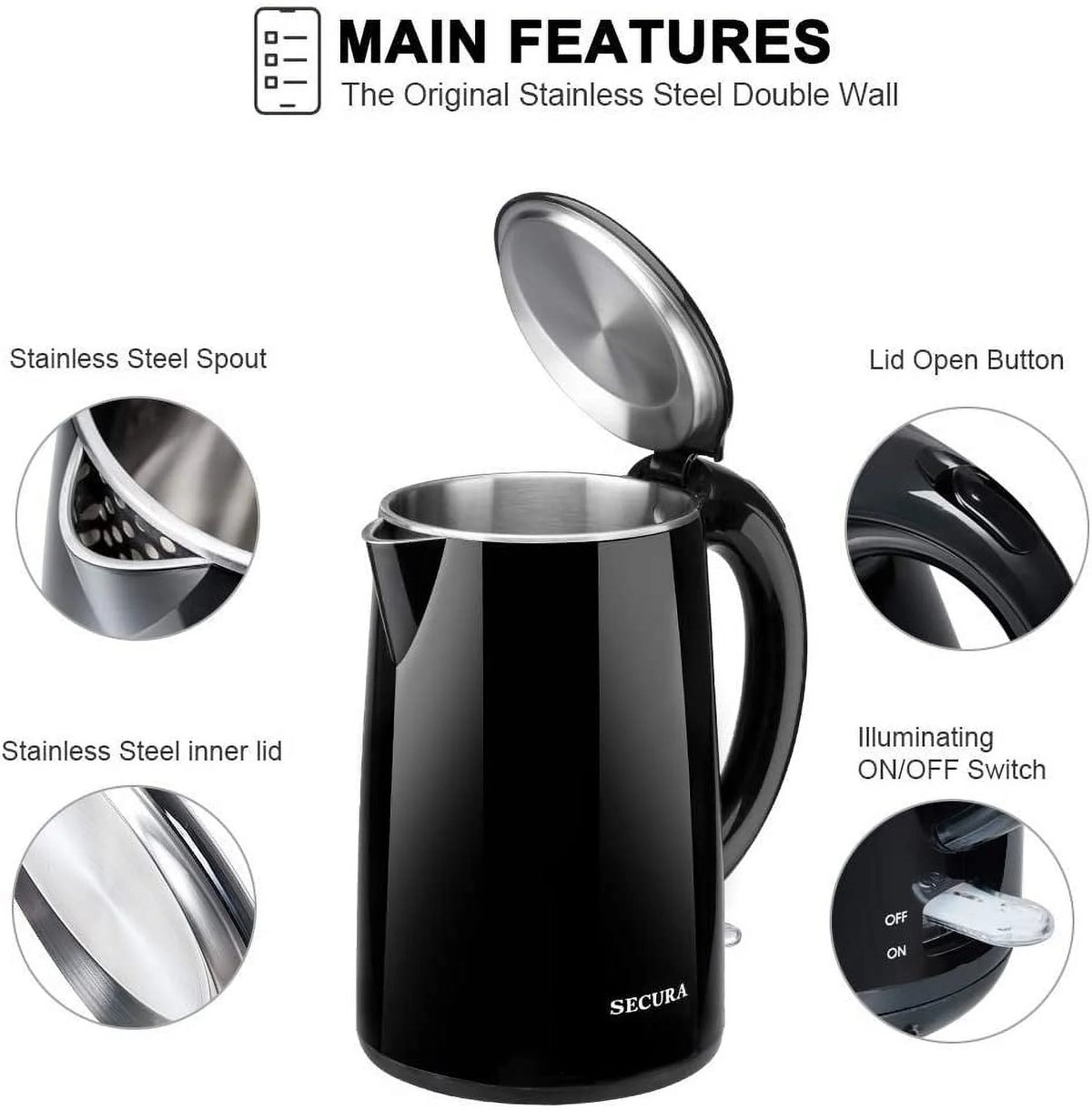 Stainless Steel Double Wall Electric Water Kettle 1.8 Quart U24280