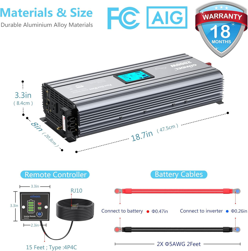2000W Pure Sine Wave Power Inverter DC 12V to AC 120V with LCD Display Remote Controller Dual 2.4A USB Ports C2566