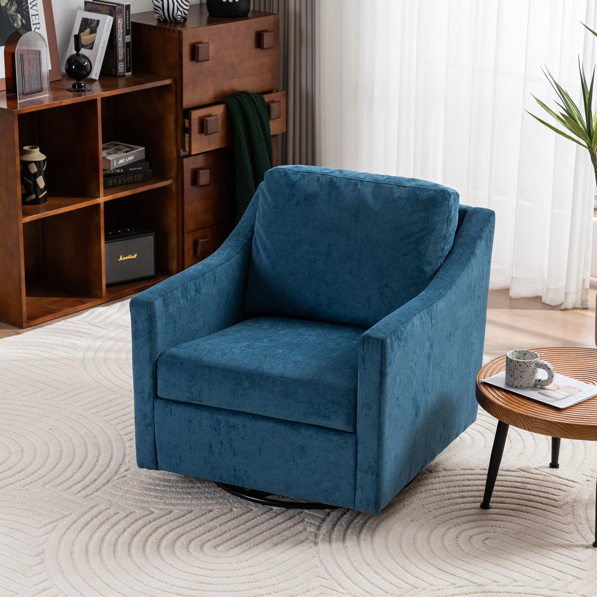 Large Navy Blue Linen Fabric Swivel Armchair S928940