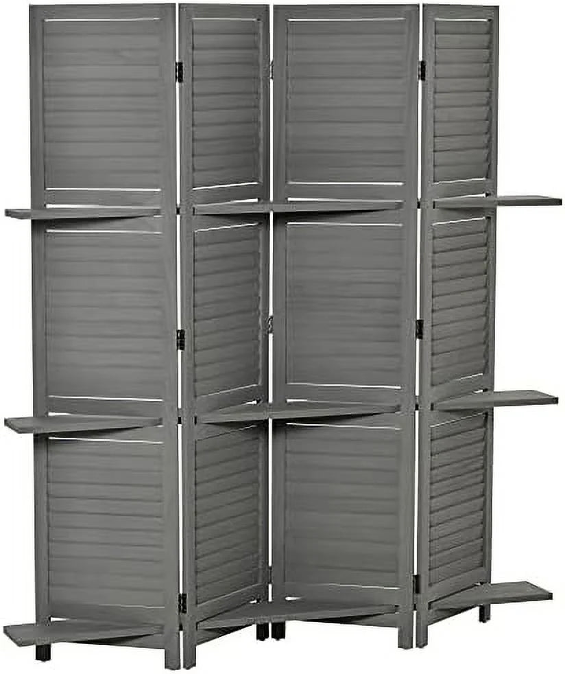 4 Panel Wood Privacy Screen Room Divider with Shelves O68977