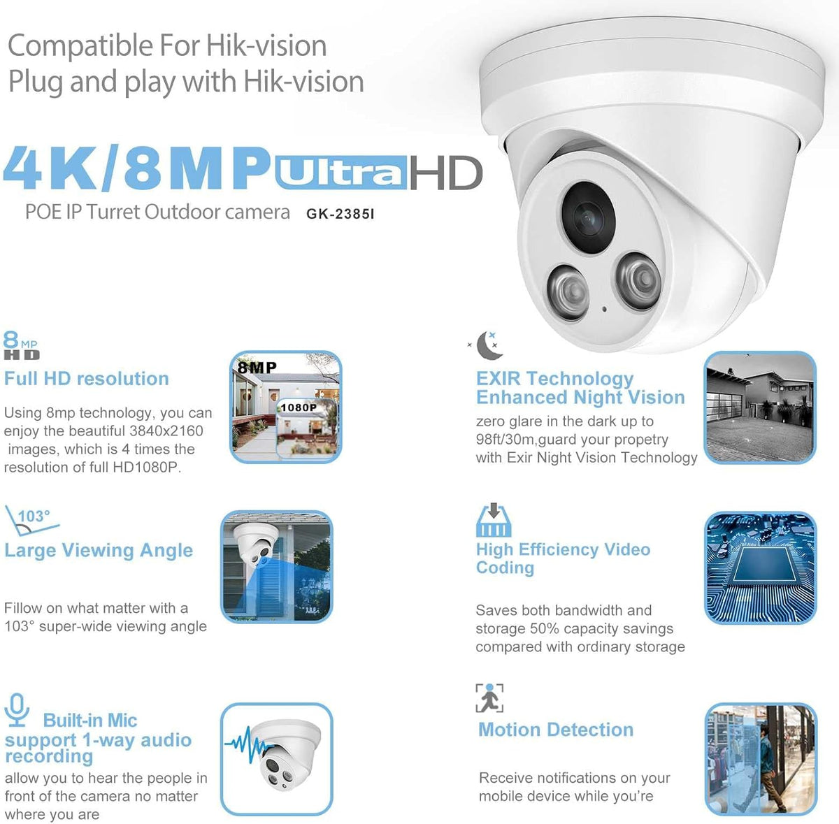 4K 8MP Outdoor PoE IP Turret Camera with Mic, 2.8mm Lens, IP67 N1976