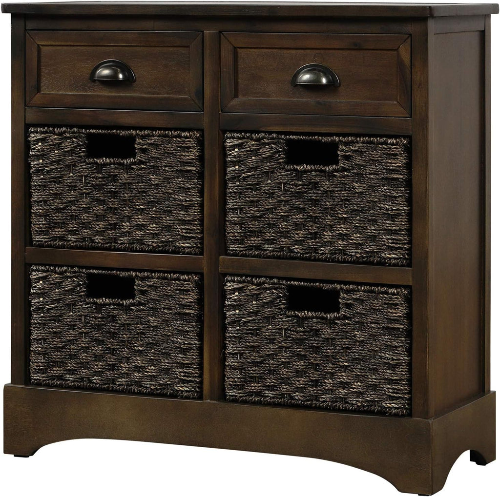 Solid Wood Wicker Storage Cabinet with 4-Basket Chest and 2 Drawers G171489
