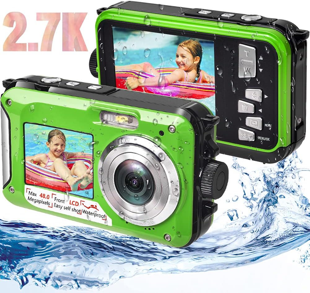 Waterproof Digital Camera 2.7K 48MP Dual Screen Green V608