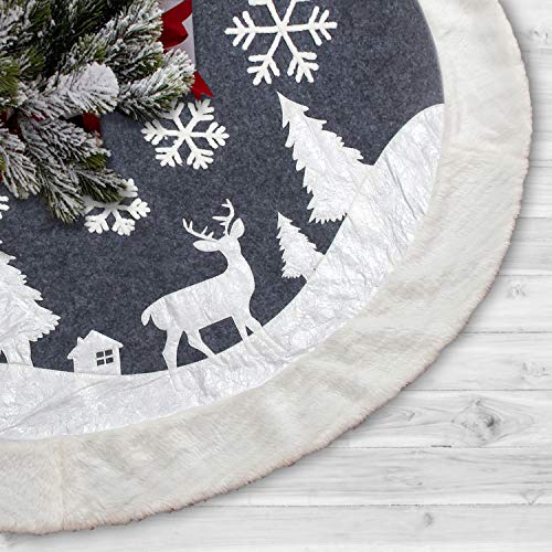 White Fur Christmas Tree Skirt with Deer and Snowflake Pattern 36 inches T798