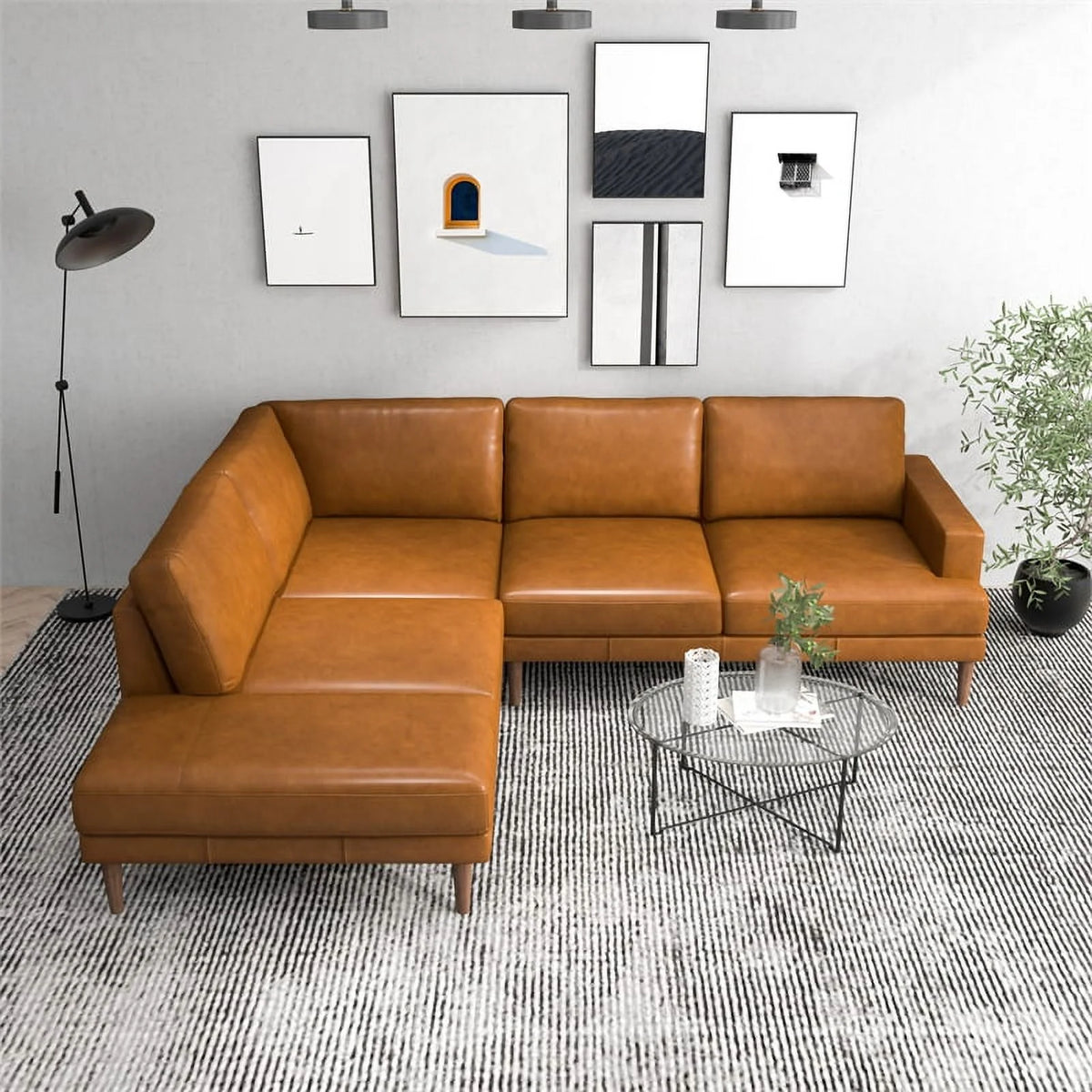 Cognac Tan Genuine Leather Corner Sectional Couch H3935