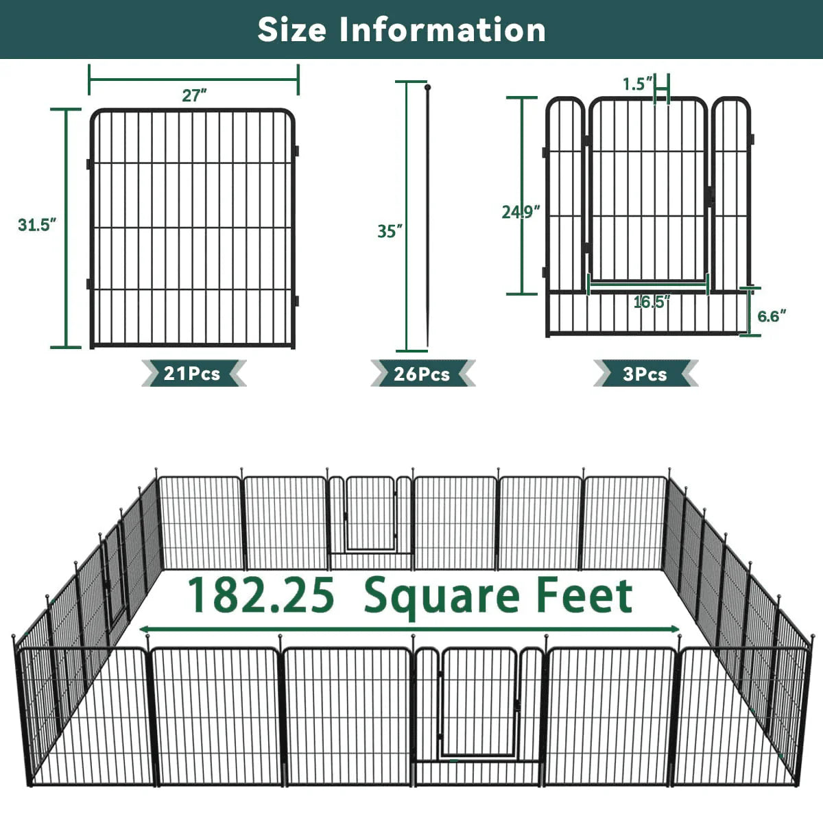 24 Panels 54ft x 32in Black Metal Garden Fence with 2 Gates J227544