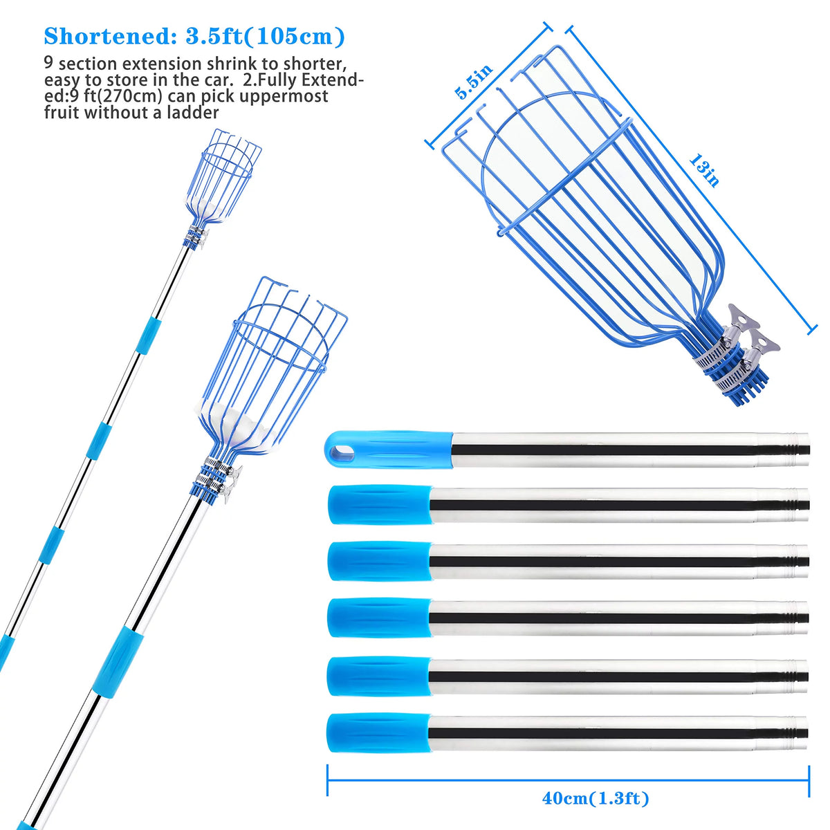 13-Foot Fruit Picker with Telescoping Pole and Basket P59343