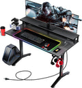 Gaming Desk 60INCH with RGB Mouse Pad, Power Outlet, Carbon Fiber Surface, Monitor Stand, Cup Holder, Headphone Hook F610783