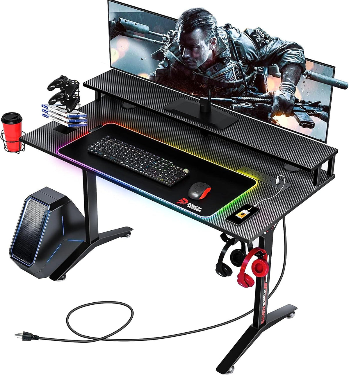 Gaming Desk 60INCH with RGB Mouse Pad, Power Outlet, Carbon Fiber Surface, Monitor Stand, Cup Holder, Headphone Hook F610783