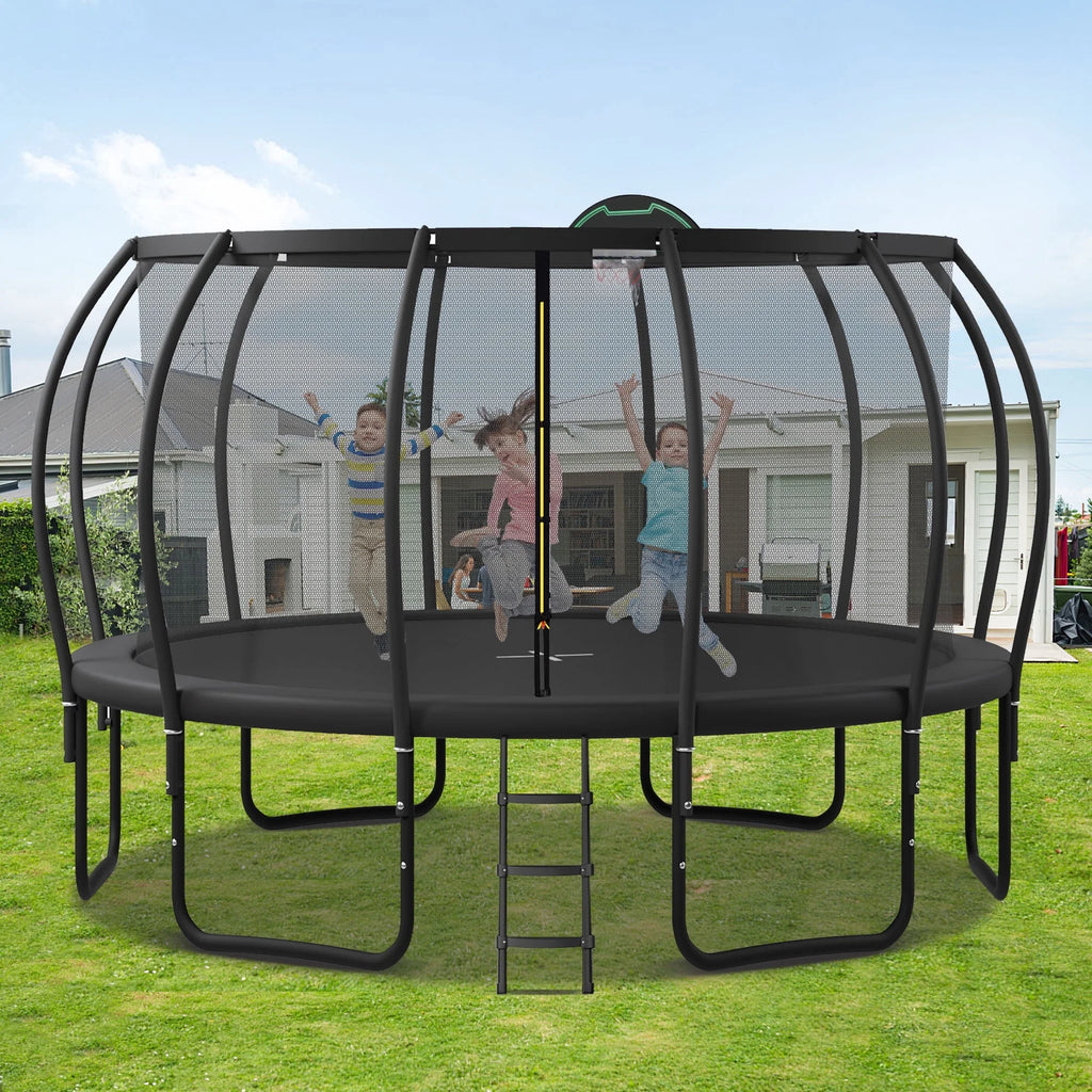 12FT-16FT Trampoline with Enclosure, Basketball Hoop, Wind Stakes I966