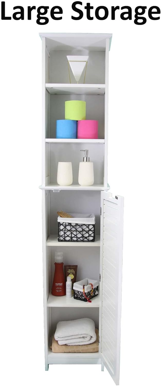 Freestanding Bath Linen Tower Cabinet 1 Door 3 Shelves Wood White U567722