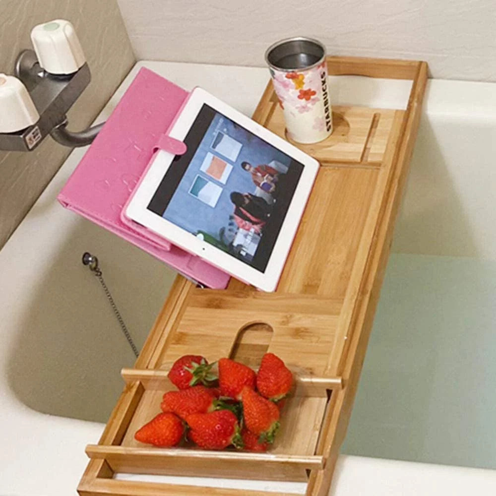 Bamboo Expandable Bathtub Caddy Tray with Wine Glass Holder Z3738