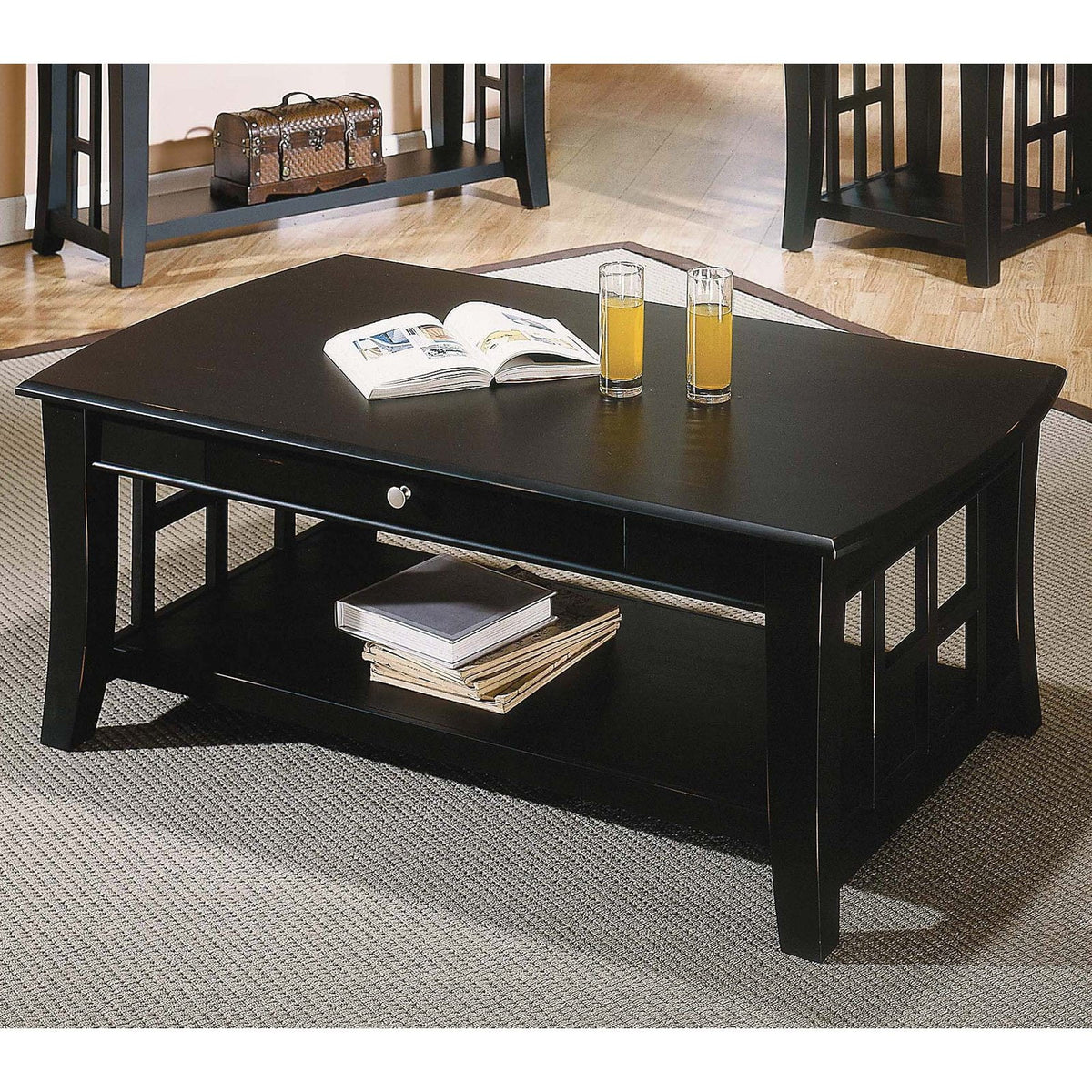 Black Rectangle Coffee Table with Storage and Shelf U581