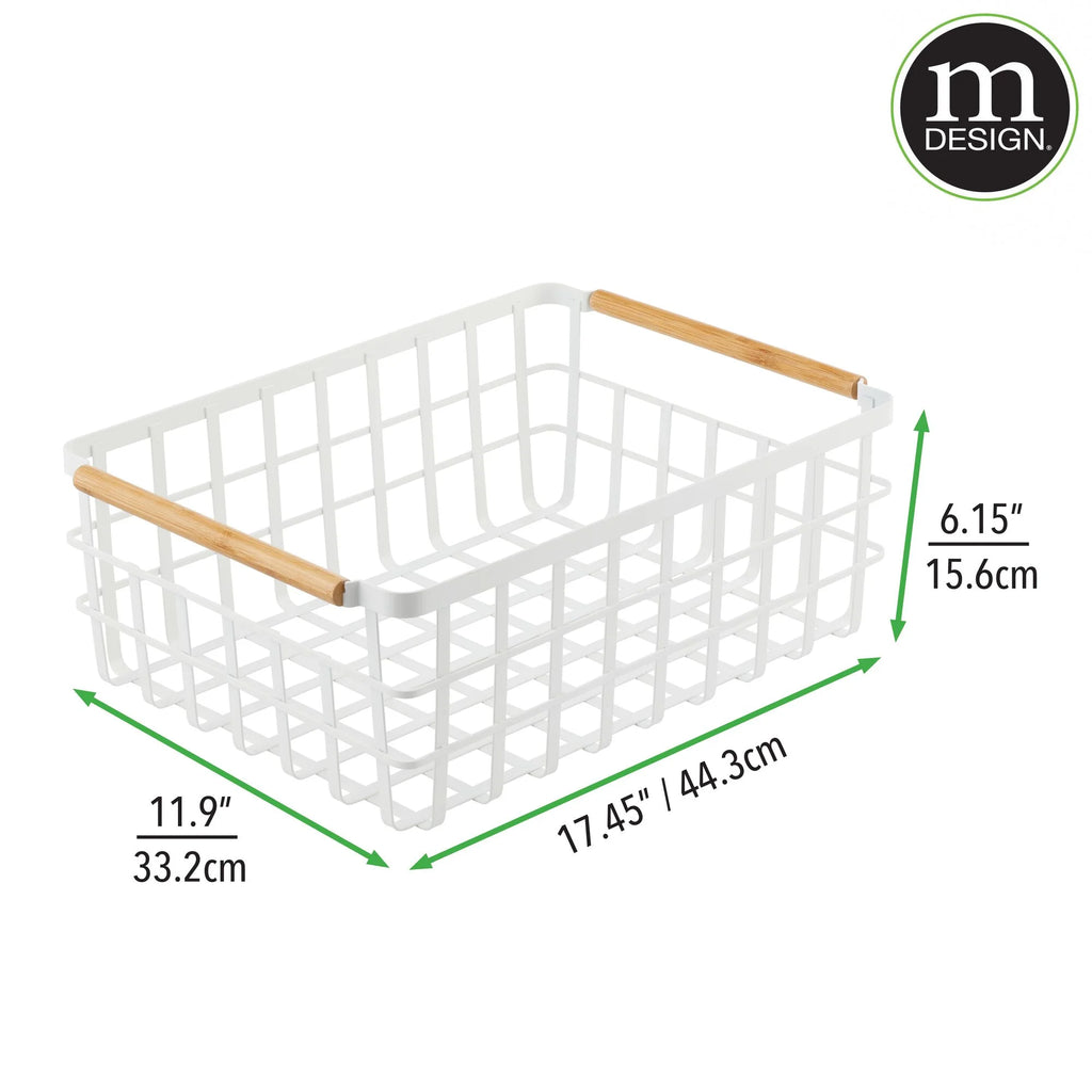 Matte White/Natural Metal Wire Organizer Basket with Bamboo Handles, 2 Pack Q58943