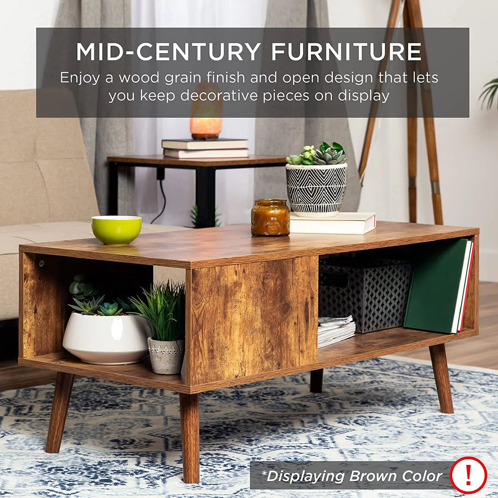 Mid-Century Modern Wooden Coffee Table with Open Storage Shelf B548373