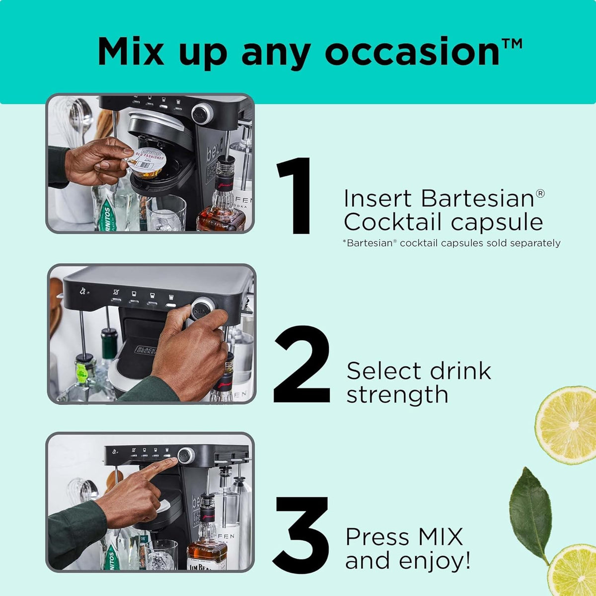Cocktail Maker Machine, Bar Mat, and Glass Liquor Dispenser Bottles C25680