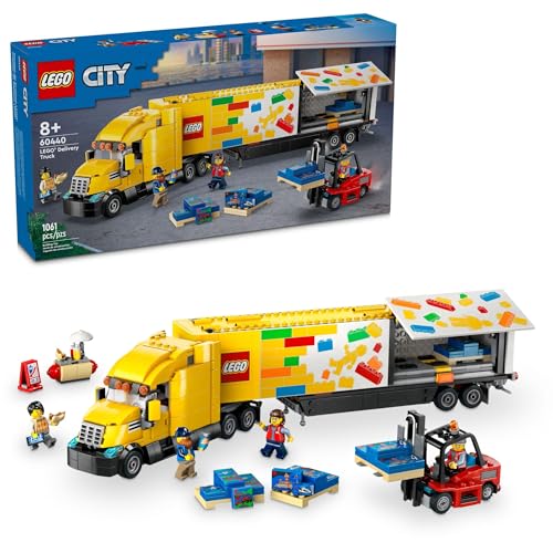 Yellow Delivery Truck Toy with Semitruck Model, Forklift and 4 Minifigures N521