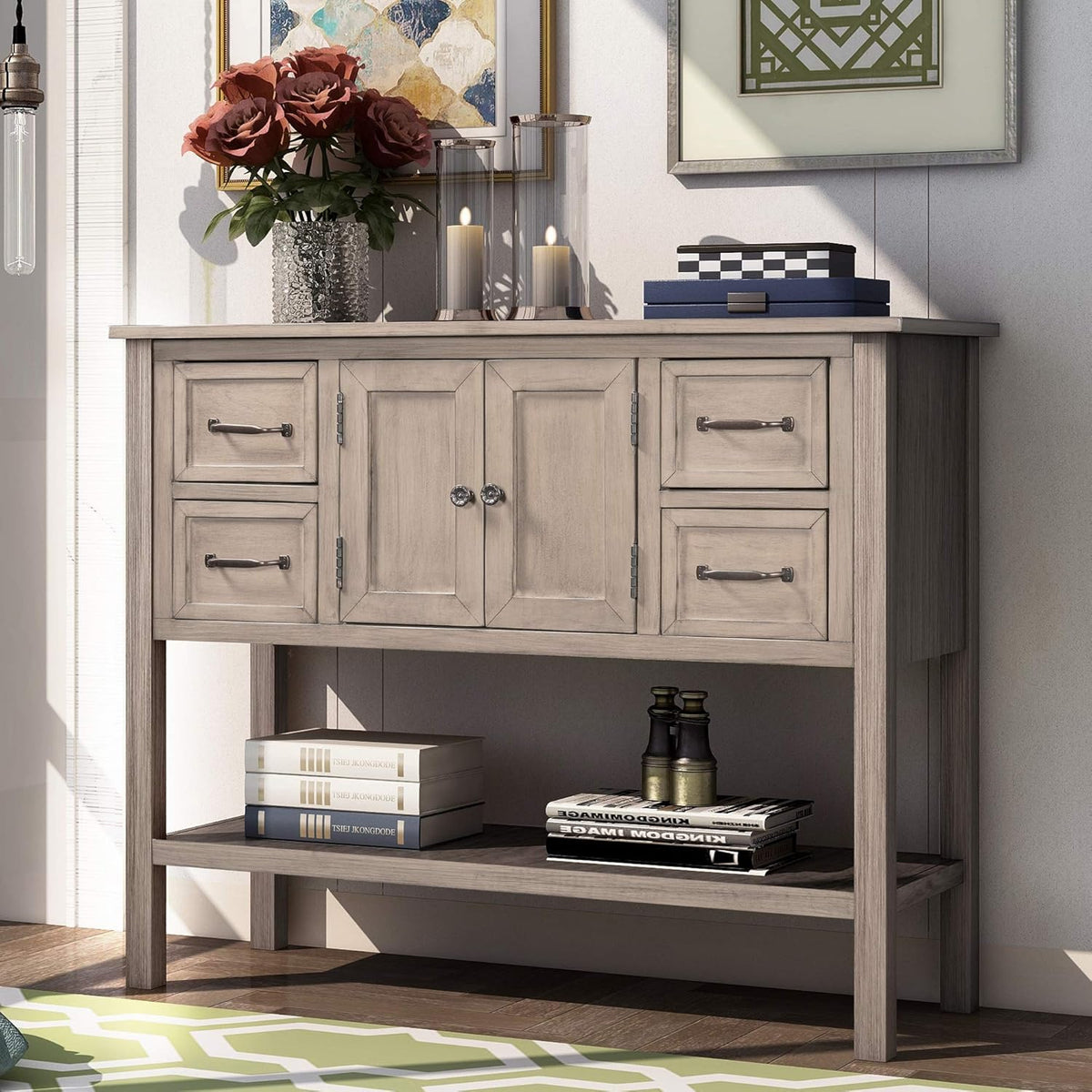 Green Wood Buffet Storage Cabinet with Drawers D8113