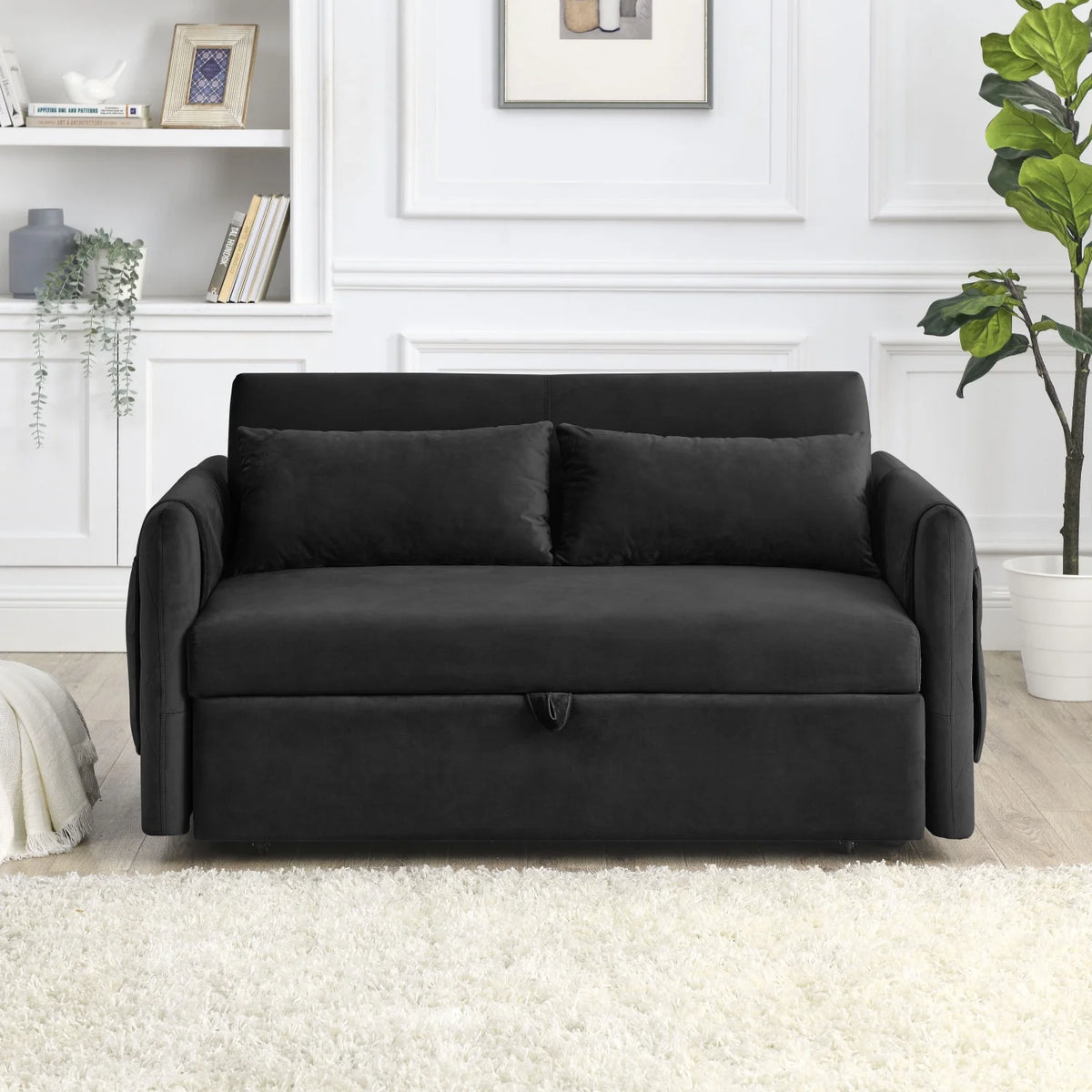 55" Convertible Velvet Sofa Bed with 2 Detachable Arm Pockets, 2 Pillows Z93721