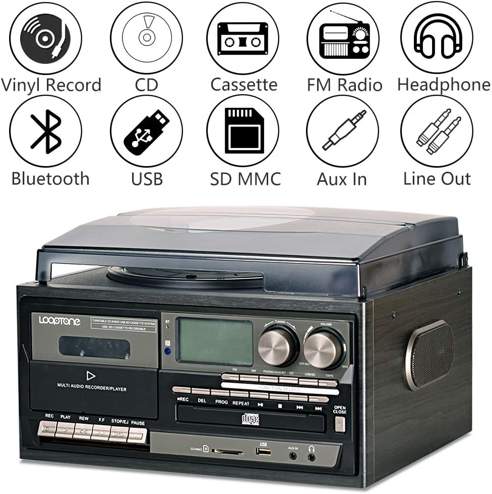 Vinyl Record Player 9 in 1 3 Speed Bluetooth Turntable CD Cassette Player AM/FM Radio USB Recorder Aux-in RCA Line-Out Black J355939