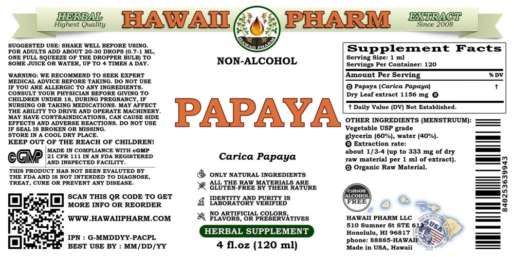 Papaya Dry Leaf Alcohol-Free Liquid Extract Glycerite 4 Fl.Oz U38298