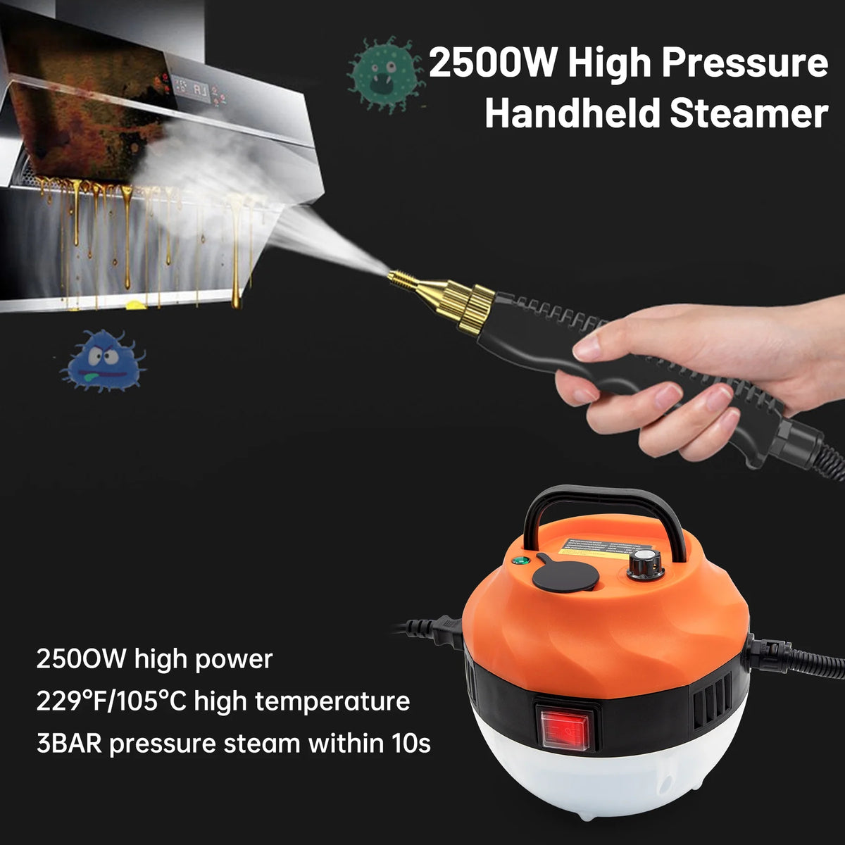 2500W High Pressure Portable Handheld Steam Cleaner with 3 Brush Heads T594583