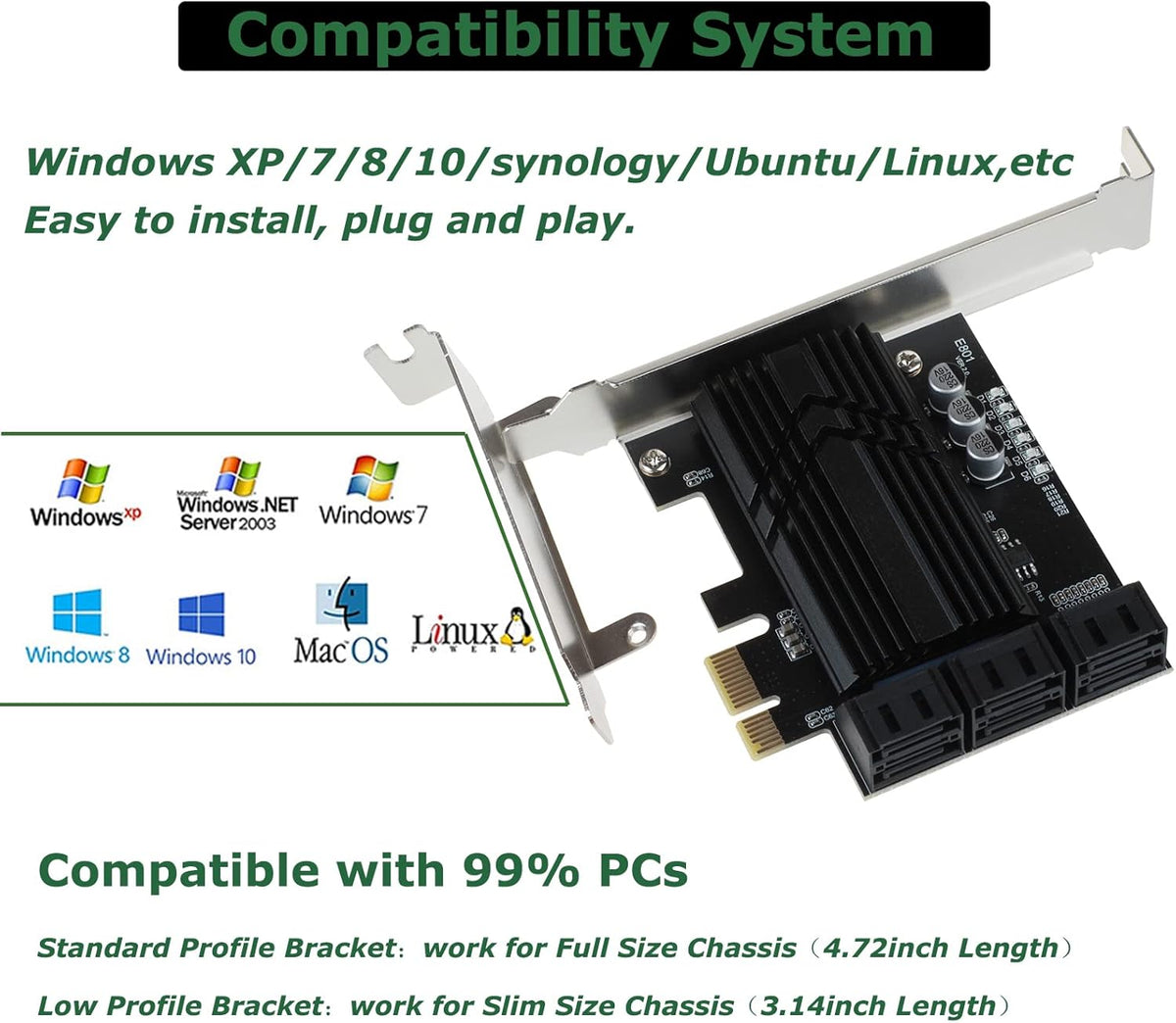 PCIe X4 6 Ports SATA III Expansion Card 6 Gbps with 6 SATA Cables T35794