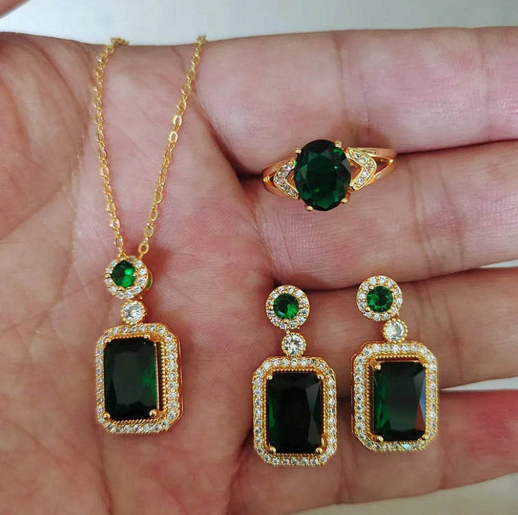 3Pcs/Set Iced Out Cubic Zirconia Green Gemstone Ring Necklace Earrings Gold Plated Jewelry Sets D23599