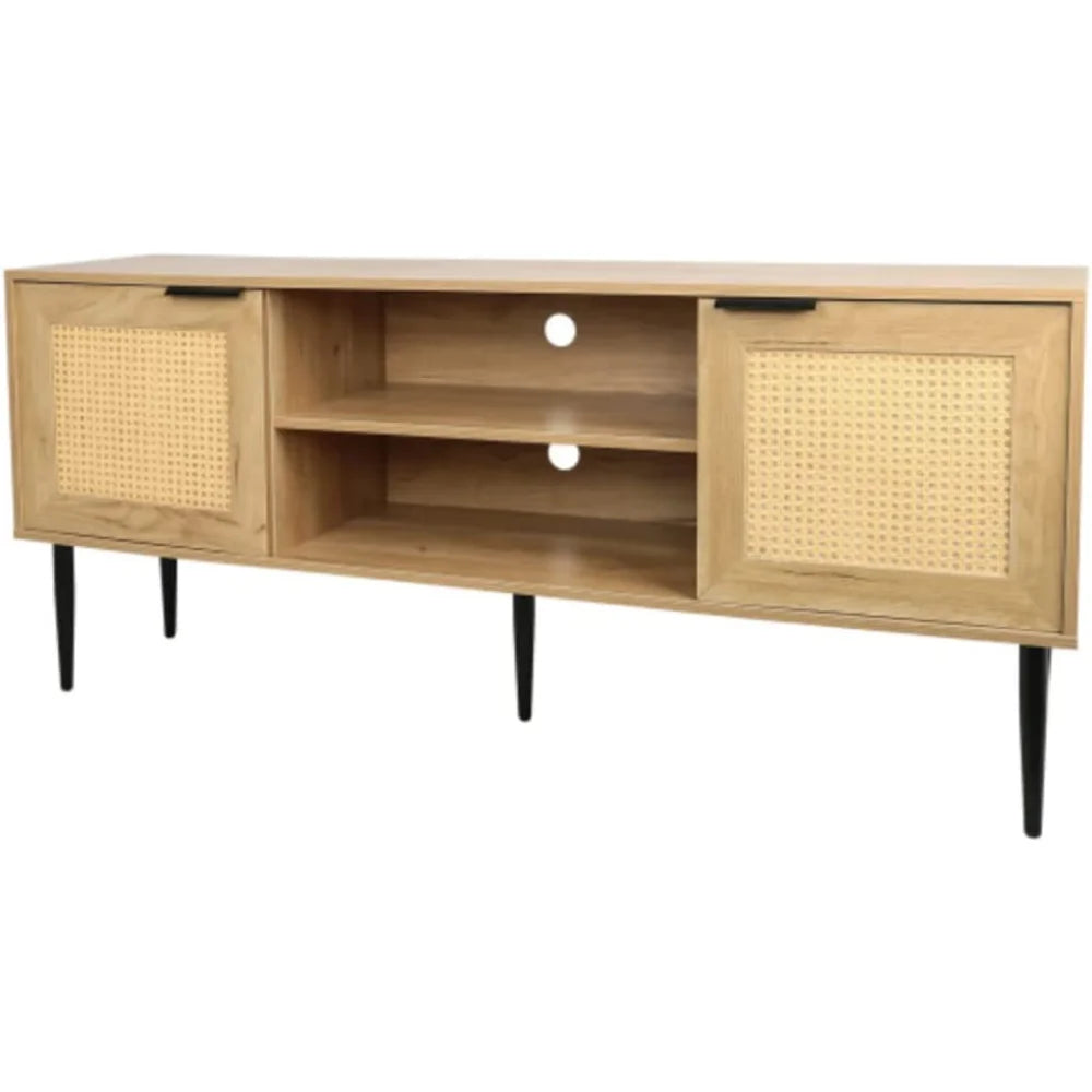 Wooden TV Stand with 2 Wicker Doors and 2 Open Shelves H305860