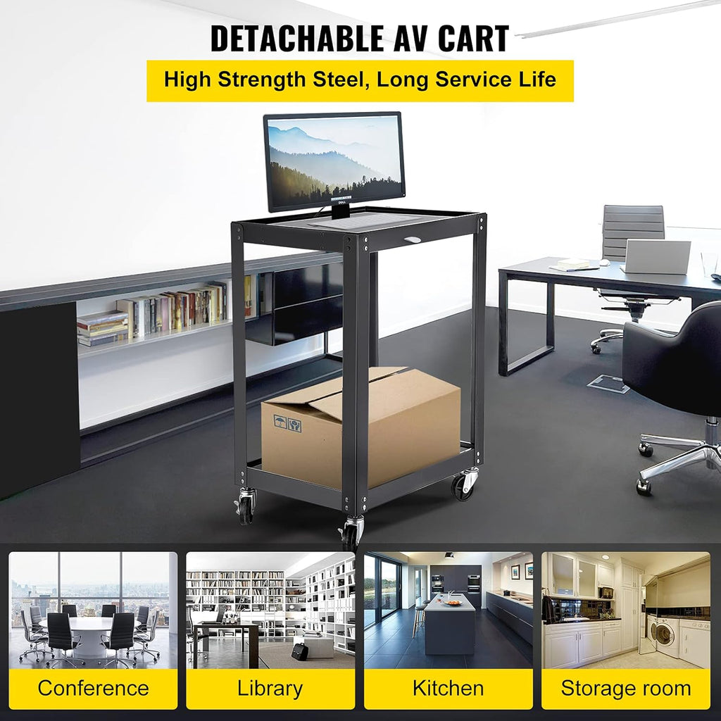 AV Cart with Power Strip, 2 Shelves, 4 Rolling Casters and 2 Locking Brakes O775