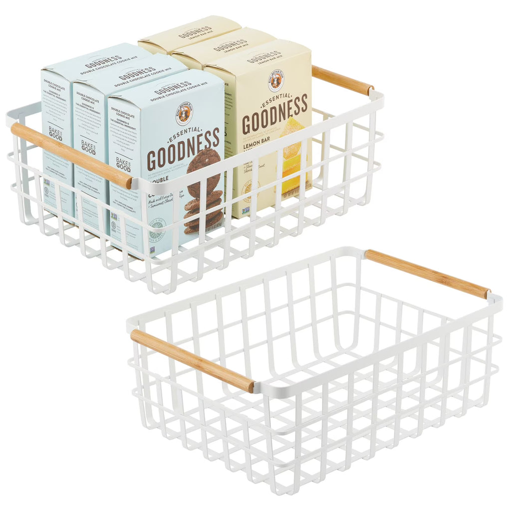 Matte White/Natural Metal Wire Organizer Basket with Bamboo Handles, 2 Pack Q58943