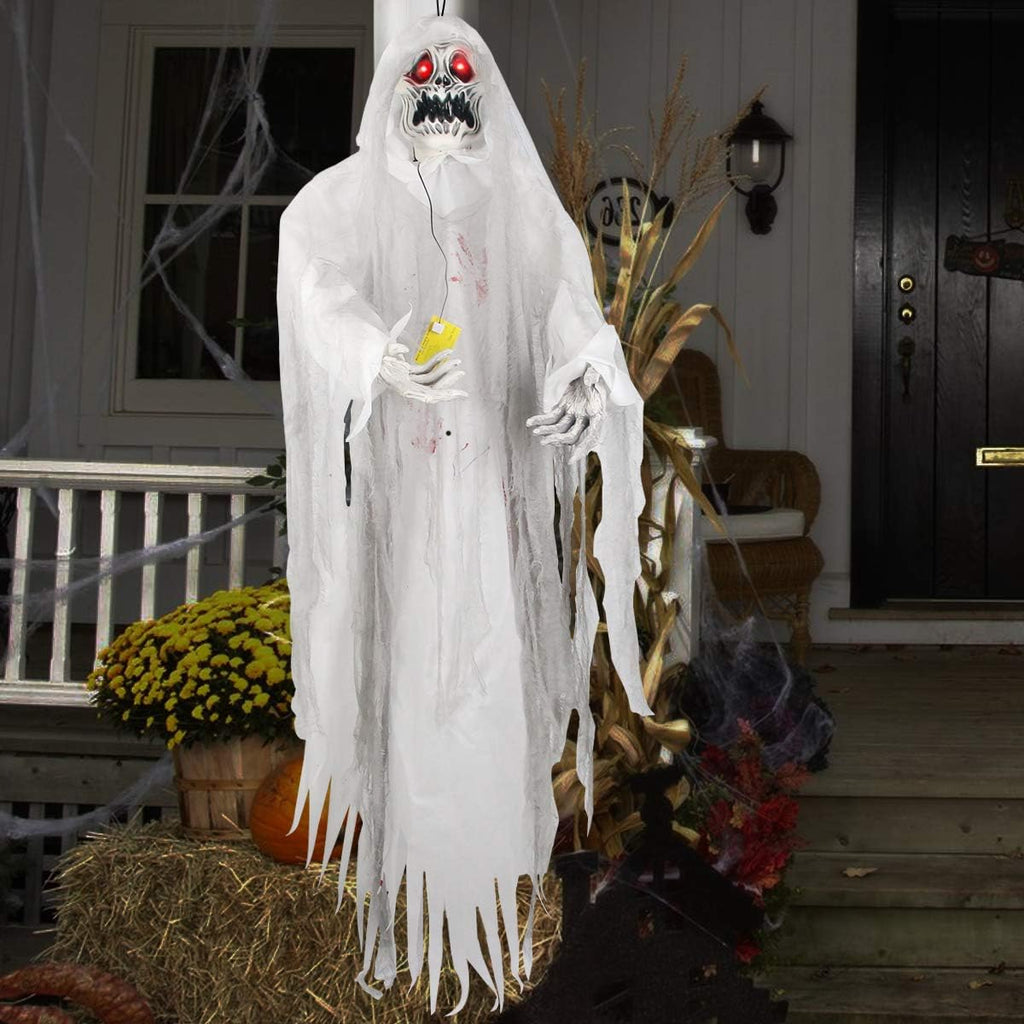 Halloween Hanging Ghost Prop, 5.5 Ft, LED Glowing Eyes, Detachable Bendable Arms, Pack of 2 D179