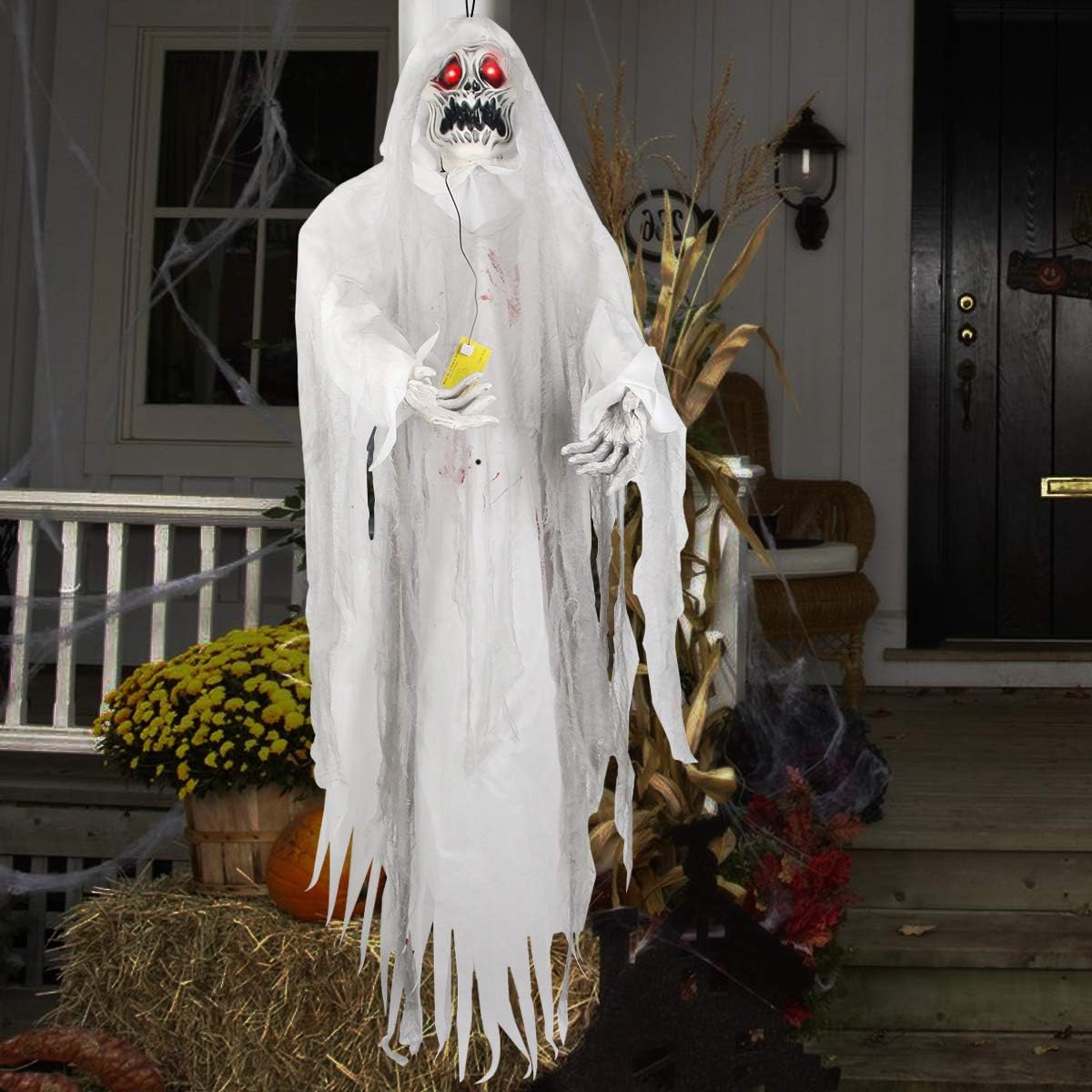 Halloween Hanging Ghost Prop, 5.5 Ft, LED Glowing Eyes, Detachable Bendable Arms, Pack of 2 D179