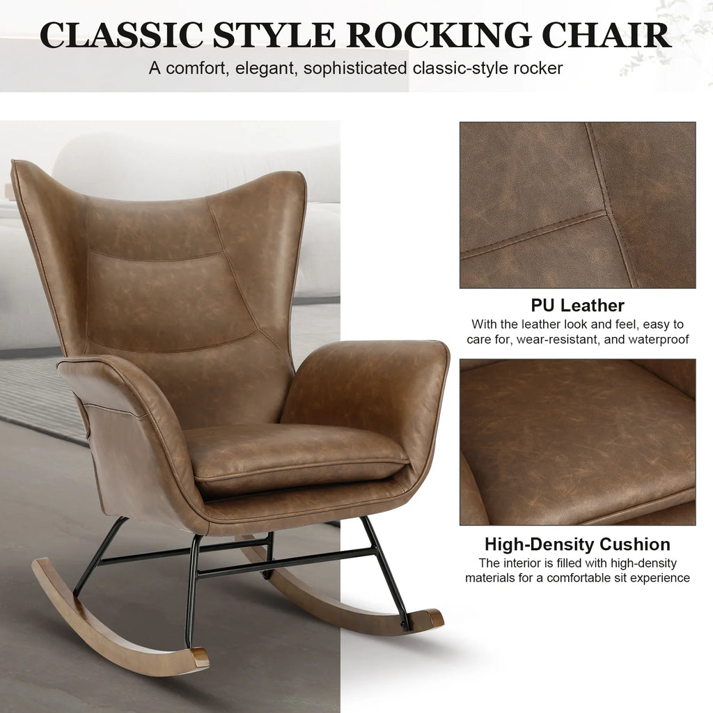 Brown PU Leather Rocker Glider Chair with Wooden Base I740001