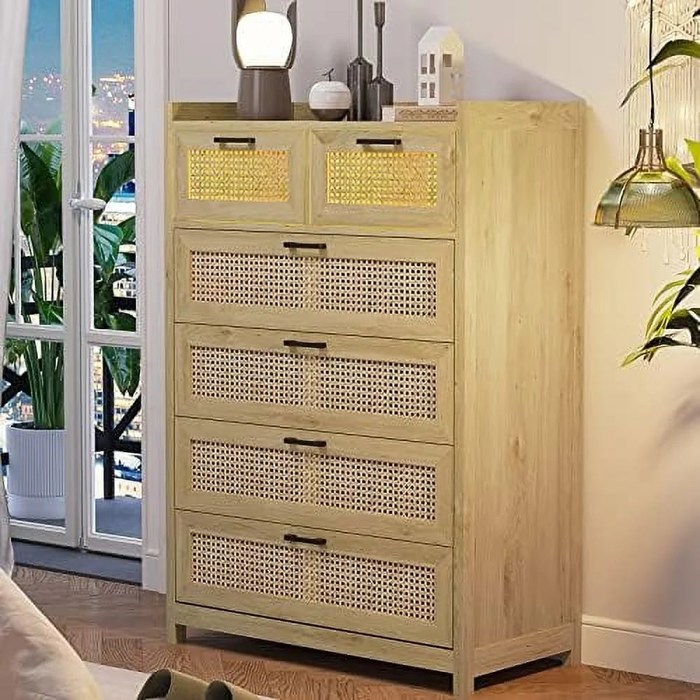 7 Drawer Rattan Wood Dresser with LED Lights W220565