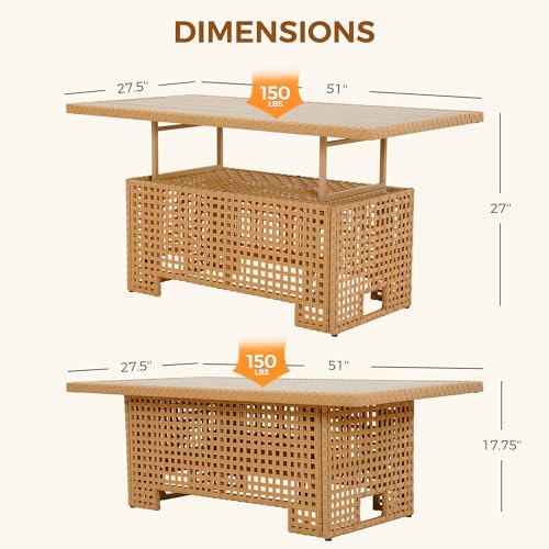 Beige Wicker Rattan Adjustable Lift Top Coffee Dining Table D424