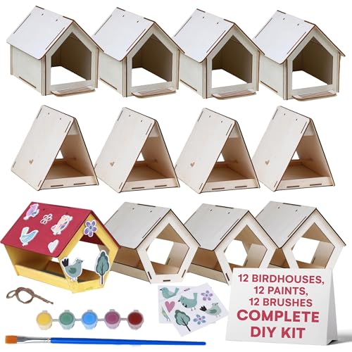 12 Wooden Bird House Kits with Paint Strips, Brushes, Stickers and Strings S57872