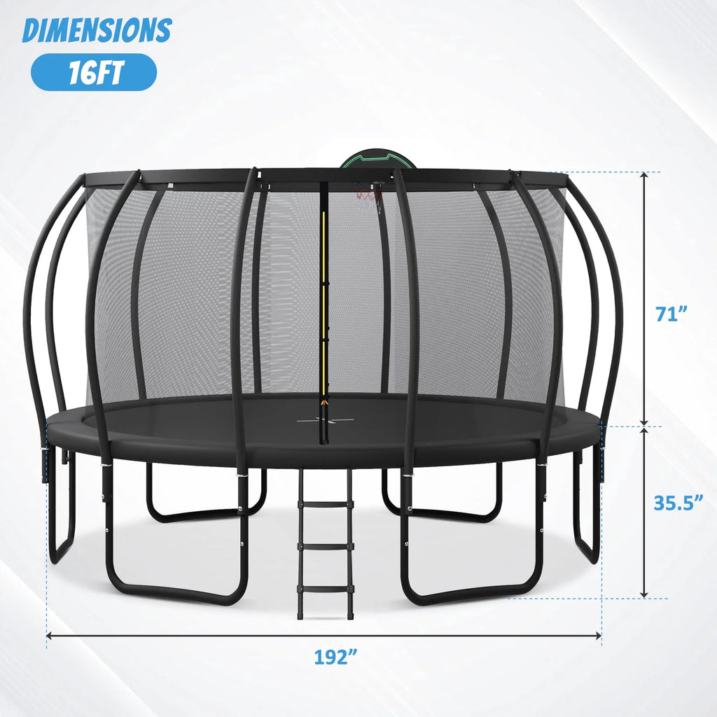 12FT-16FT Trampoline with Enclosure, Basketball Hoop, Wind Stakes I966