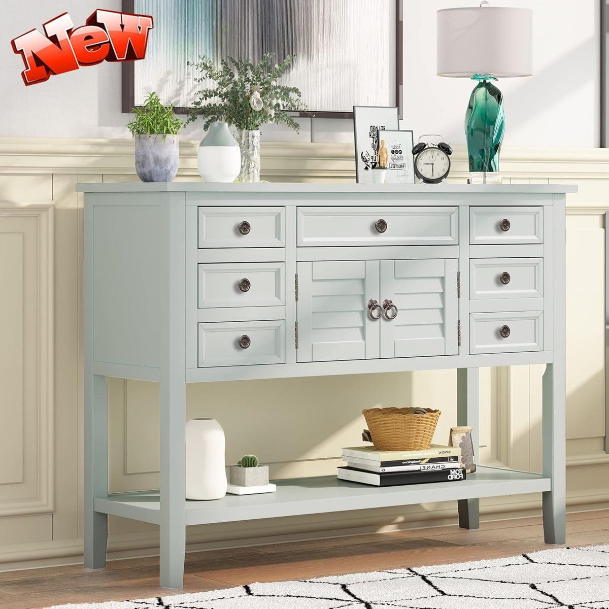 Solid Wood Buffet Sideboard with Door Cabinet, 7 Storage Drawers, Bottom Shelf, 45'' Red X63295