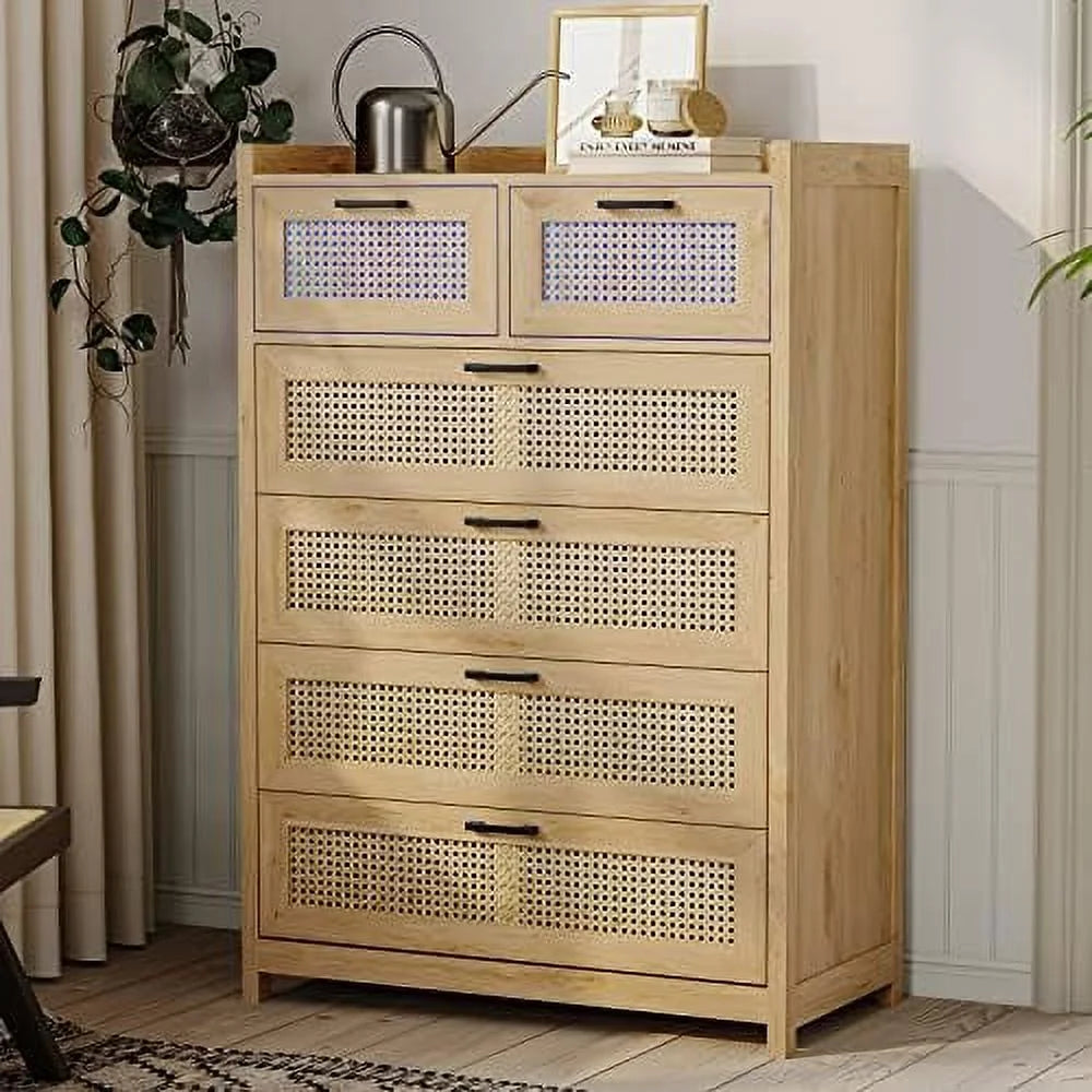 7 Drawer Rattan Wood Dresser with LED Lights W220565