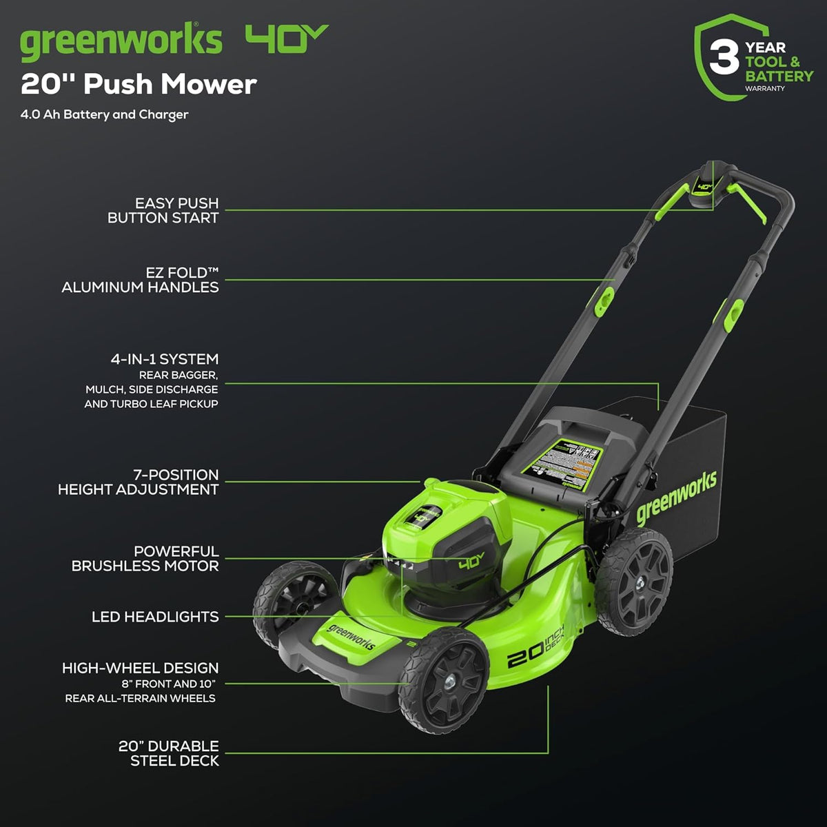 40V 20" Brushless Push Mower with 4.0Ah Battery Y431545